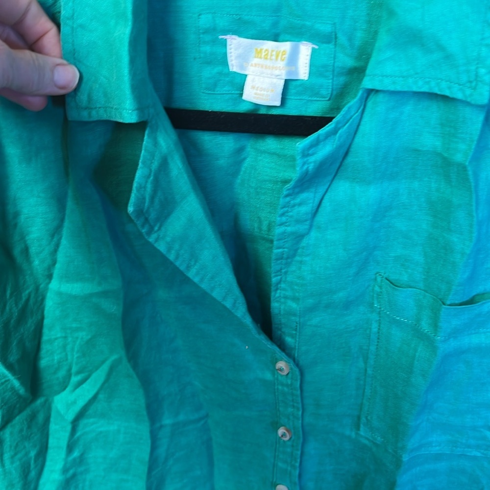 Maeve Anthropologie Womens Green Button Down Shirt Ruched Long Sleeve Md pocket‎ - Picture 8 of 9